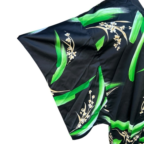 VTG Andrade Honolulu Polynesian Kimono Style Caftan Black Green Floral Size 12 - Picture 5 of 13